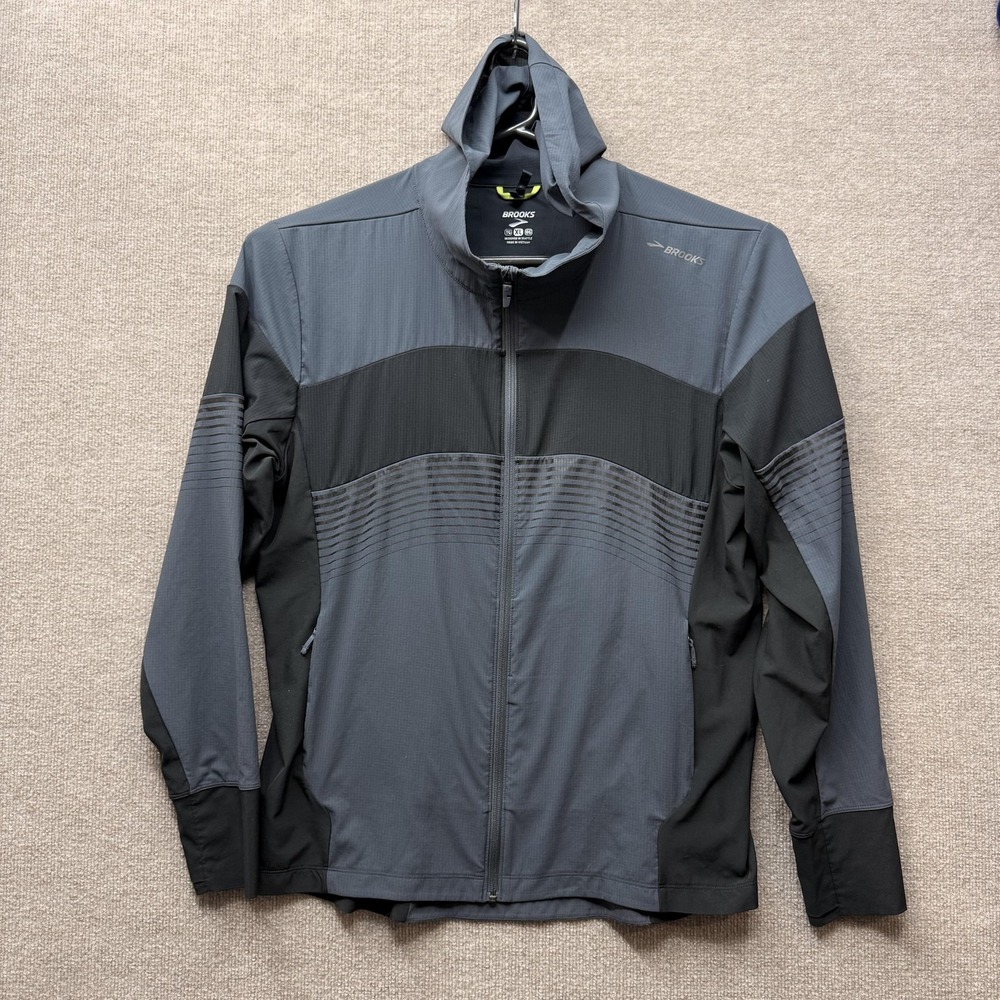 Brooks Run Happy Mens XL Full Zip Hooded Running Jacket Gray Black 211090